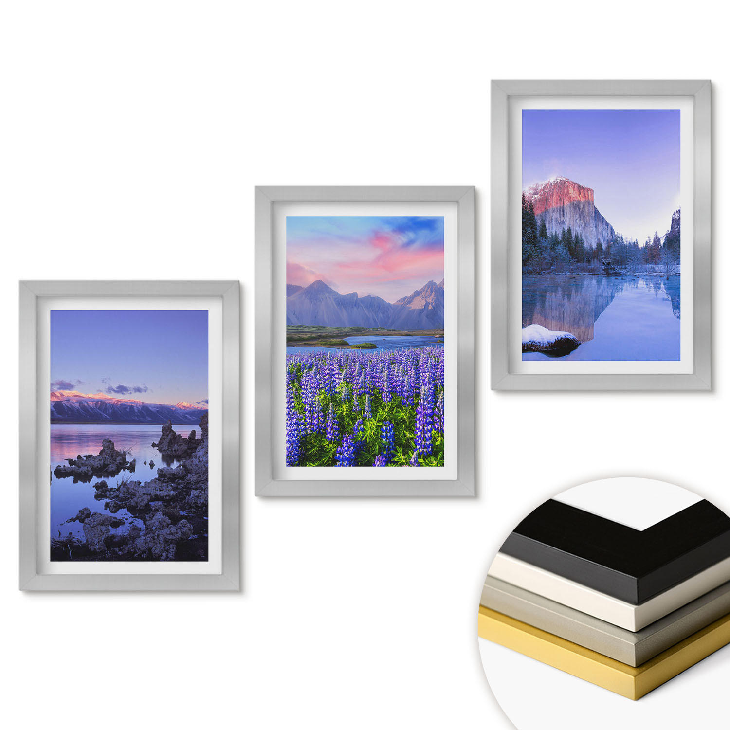 WANDBILDER 3er Set - 20x30 cm Silberner Rahmen - Berglandschaften mit Wasser und Himmel - Silberfarben, Kunststoff (20/30cm) - ArtPrintCave
