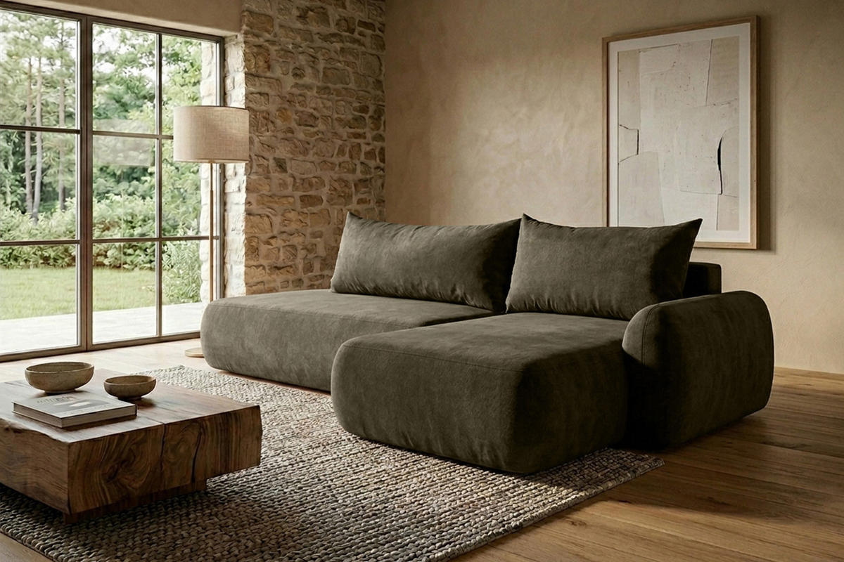 ECKSOFA Mit Schlaffunktion Und Bettkasten, Velvet-Stoff Vena, Olive, Rechts, HELA I - Olivgrün, Holz (302/184cm) - Kaiser Möbel