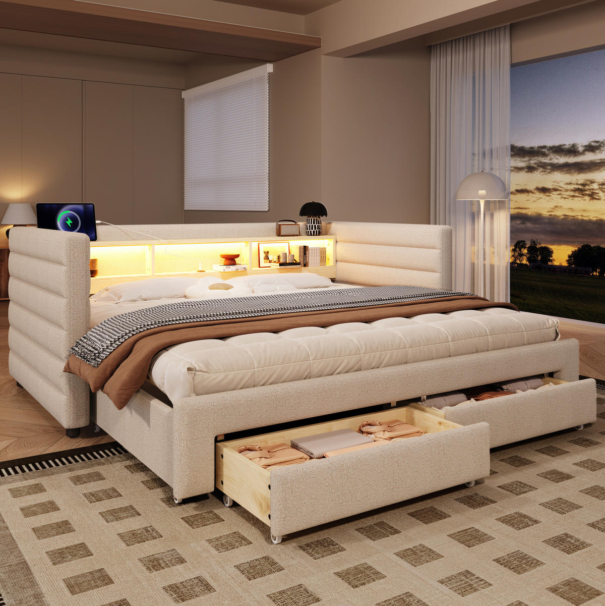 SAMT-POLSTERBETT 90/190 cm mit LED-Beleuchtung und Stauraum in Beige - Beige, Textil (90/190cm) - BEAOK