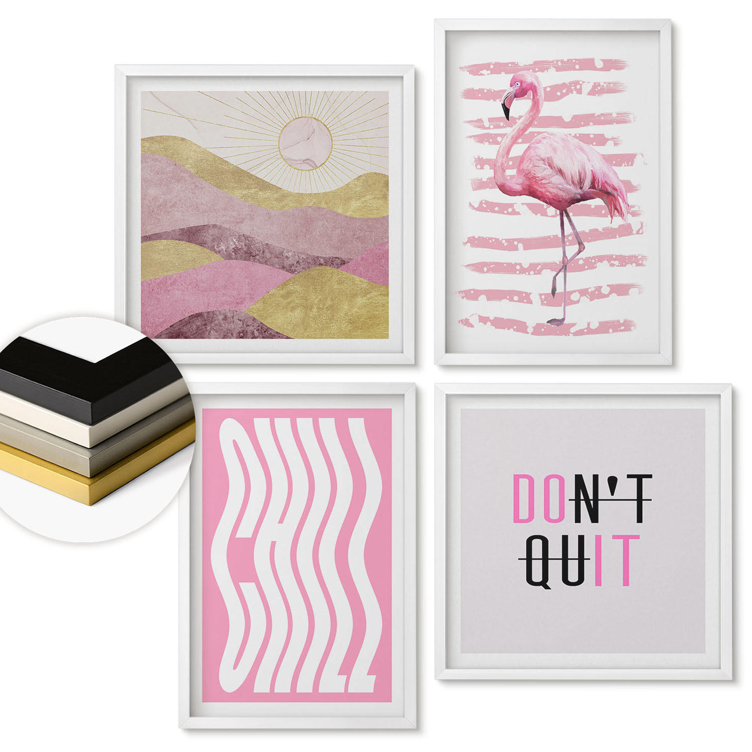 WANDBILDER 4er-Set - 50x50 cm & 40x60 cm Weißer Rahmen - Pastellfarbene Berglandschaft mit rosa Flamingos - Weiß, Kunststoff (50/50cm) - ArtPrintCave