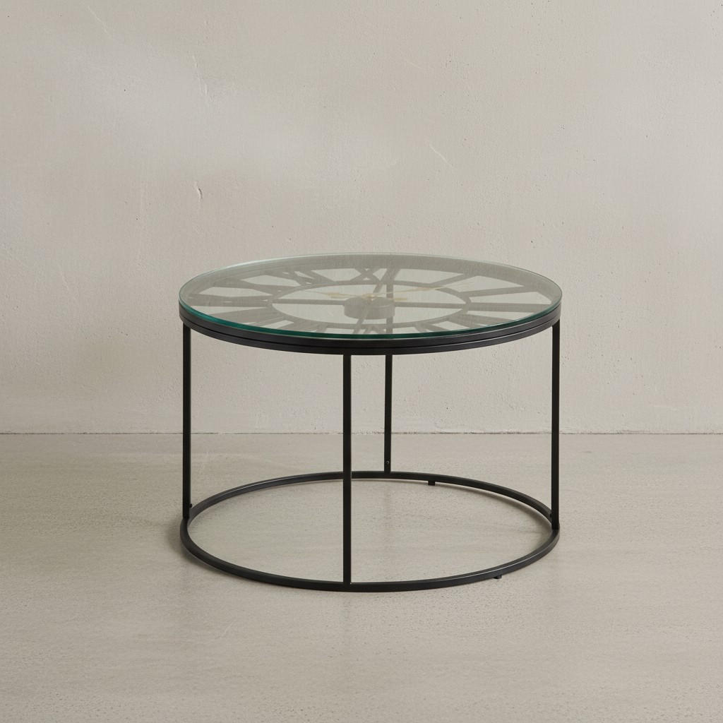 COUCHTISCH GESSO, Einscheibensicherheitsglas, Metallgestell, Römische Uhr, Handgefertigt, Schwarz 60x60x43 cm - Schwarz, Glas/Metall (60/60/43cm) - KADIMA DESIGN