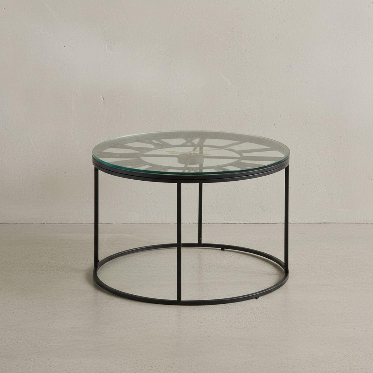 COUCHTISCH GESSO, Einscheibensicherheitsglas, Metallgestell, Römische Uhr, Handgefertigt, Schwarz 60x60x43 cm - Schwarz, Glas/Metall (60/60/43cm) - KADIMA DESIGN