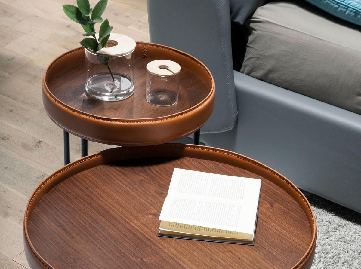 ECKTISCH Runder aus Ökoleder, Nussbaum und schwarzem Stahl Ø42/45 cm - Walnussfarben/Schwarz, Holz/Holzwerkstoff (42/42/45cm) - ANGEL CERDA