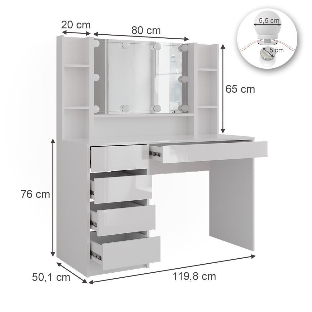 SCHMINKTISCH Sherry Weiß/Weiß Hochglanz 119.8 cm 5 Teile - Weiß Hochglanz, Holzwerkstoff (119.8/76/50.1cm) - Vicco