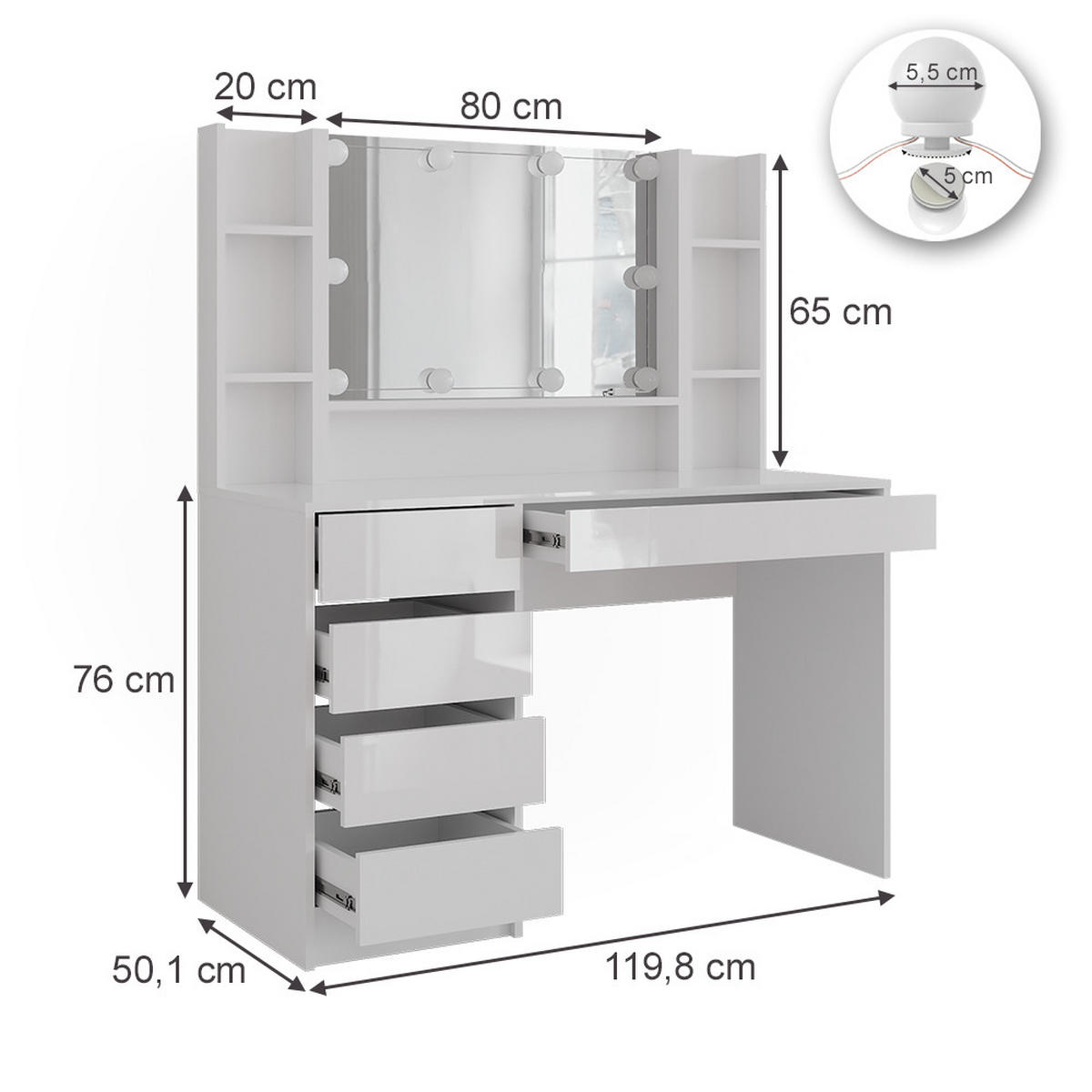 SCHMINKTISCH Sherry Weiß/Weiß Hochglanz 119.8 cm 5 Teile - Weiß Hochglanz, Holzwerkstoff (119.8/76/50.1cm) - Vicco