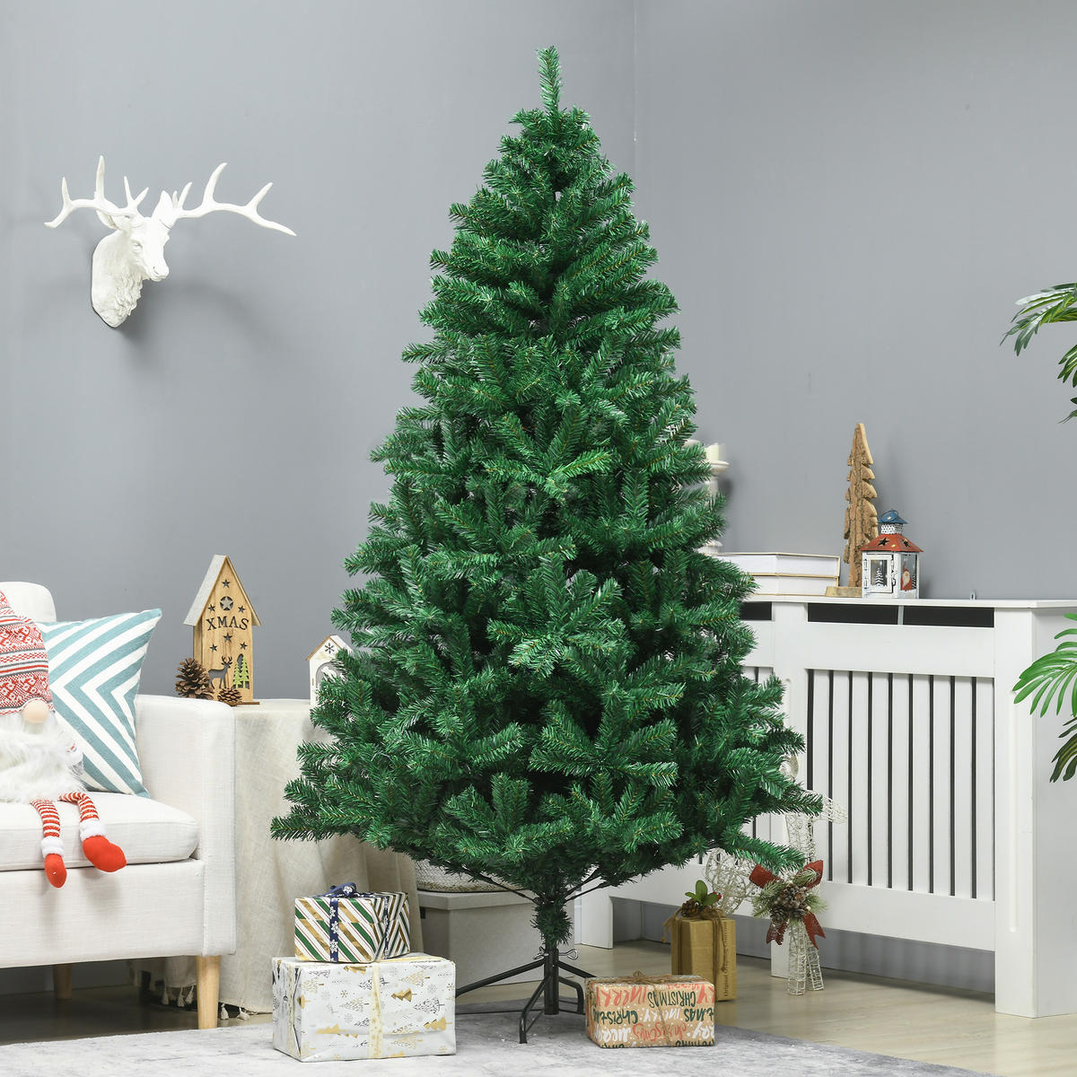 WEIHNACHTSBAUM 1,8 m Christbaum Kunsttanne 1000 Zweige Metallfuß PVC Weiß - Grün, Kunststoff (180cm) - HOMCOM