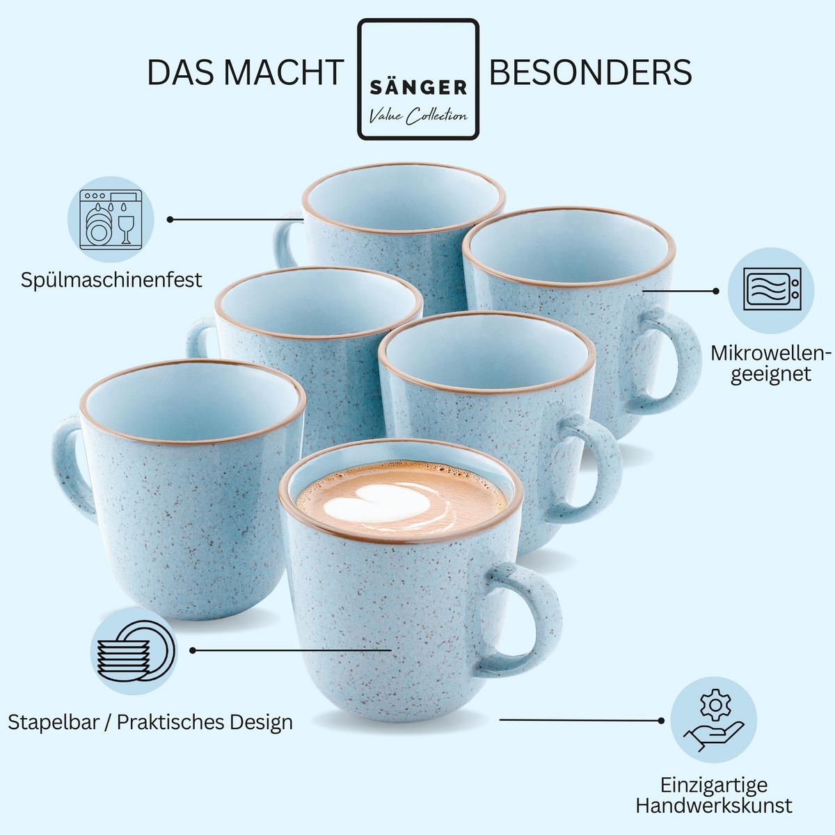 KAFFEEBECHER SET RIO LAGUNE - 6 teilig aus Steingut - Blau, Keramik (0.43L) - Sänger