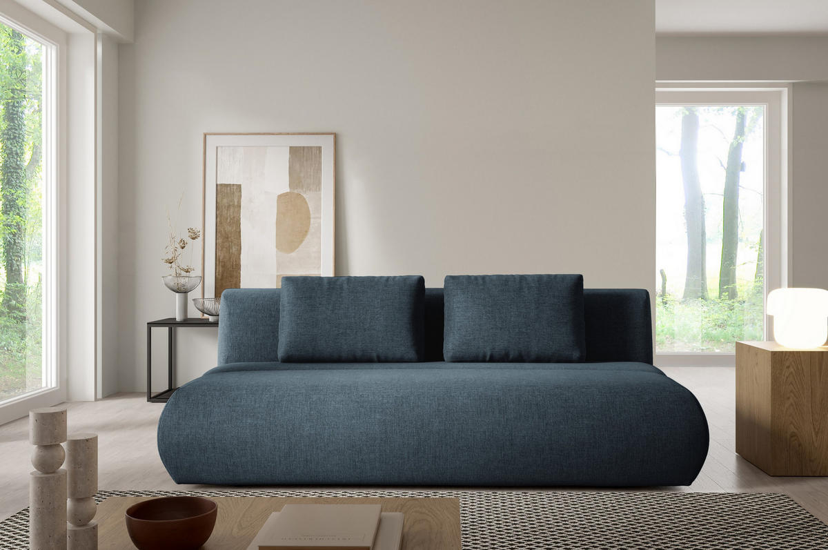 BETTSOFA ATOMO Blau Chenille-Stoff mit Schlaffunktion - Blau, Holz (217/82/134cm) - MASSENO