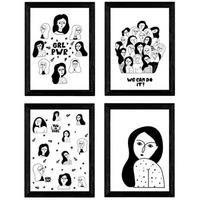POSTER Set mit 4 Frauen, MädchenPower Zeichnungen von Frauen A3 Rahmenlos - Klar, Papier (29.7/3cm) - Nacnic