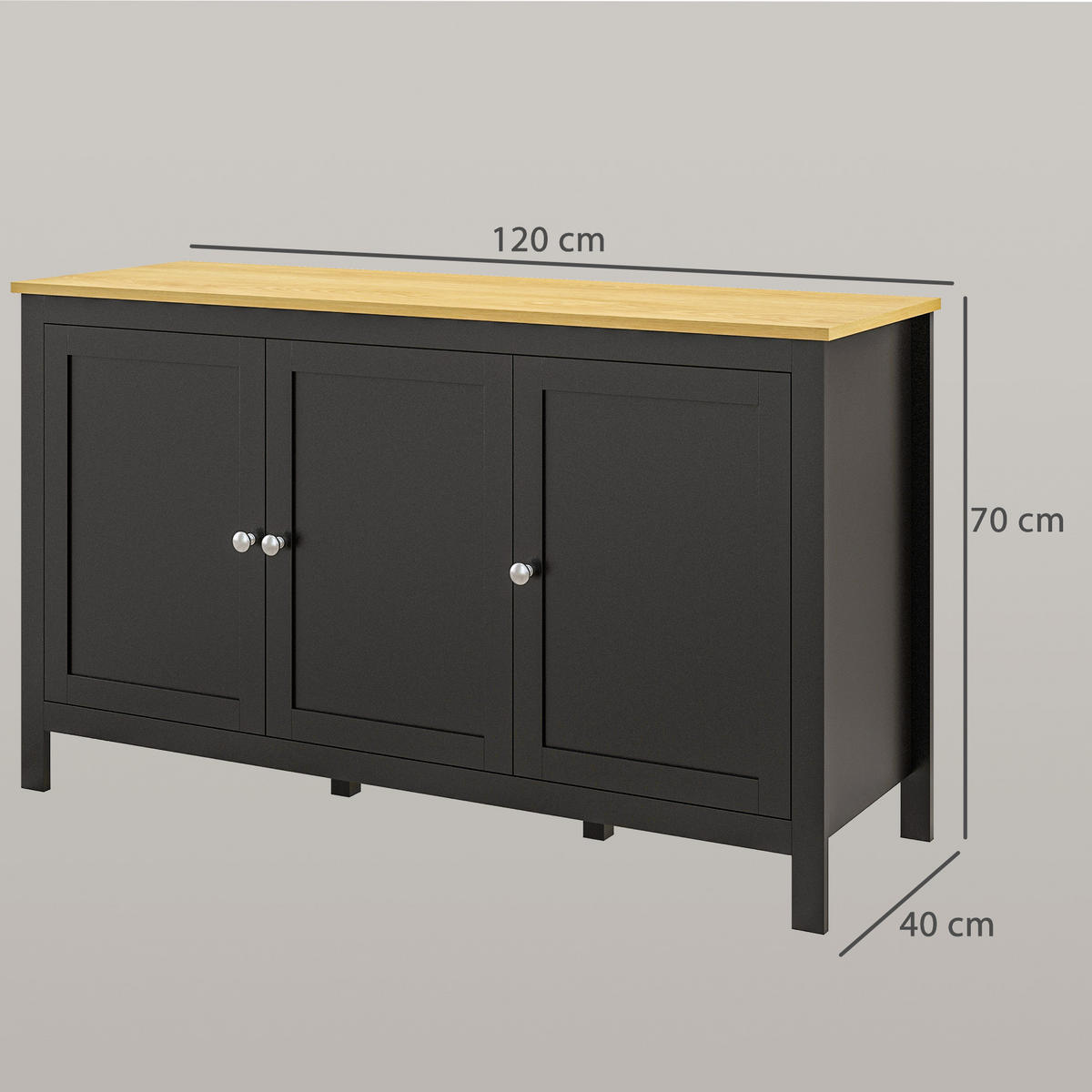 SIDEBOARD Schwarz und Holzoptik, 3 Türen, 120/40/70 cm - Schwarz, Holz (120/70/40cm) - PANGIVO