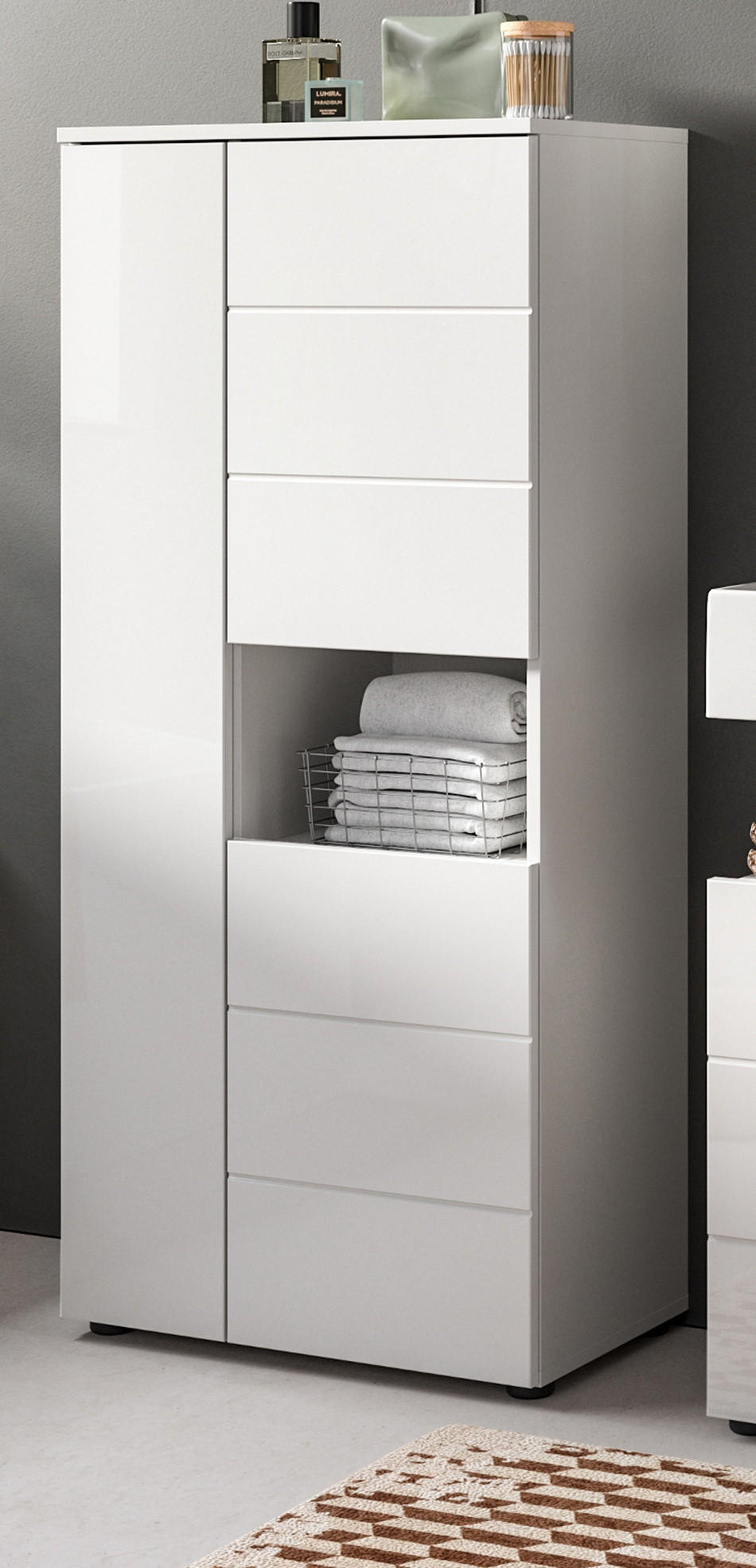 BADSCHRANK weiß Hochglanz 60 x 131 cm, Midischrank mit 9 Fächern - Weiß Hochglanz/Schwarz, Holzwerkstoff/Kunststoff (60/131/34cm) - Inn.Furn