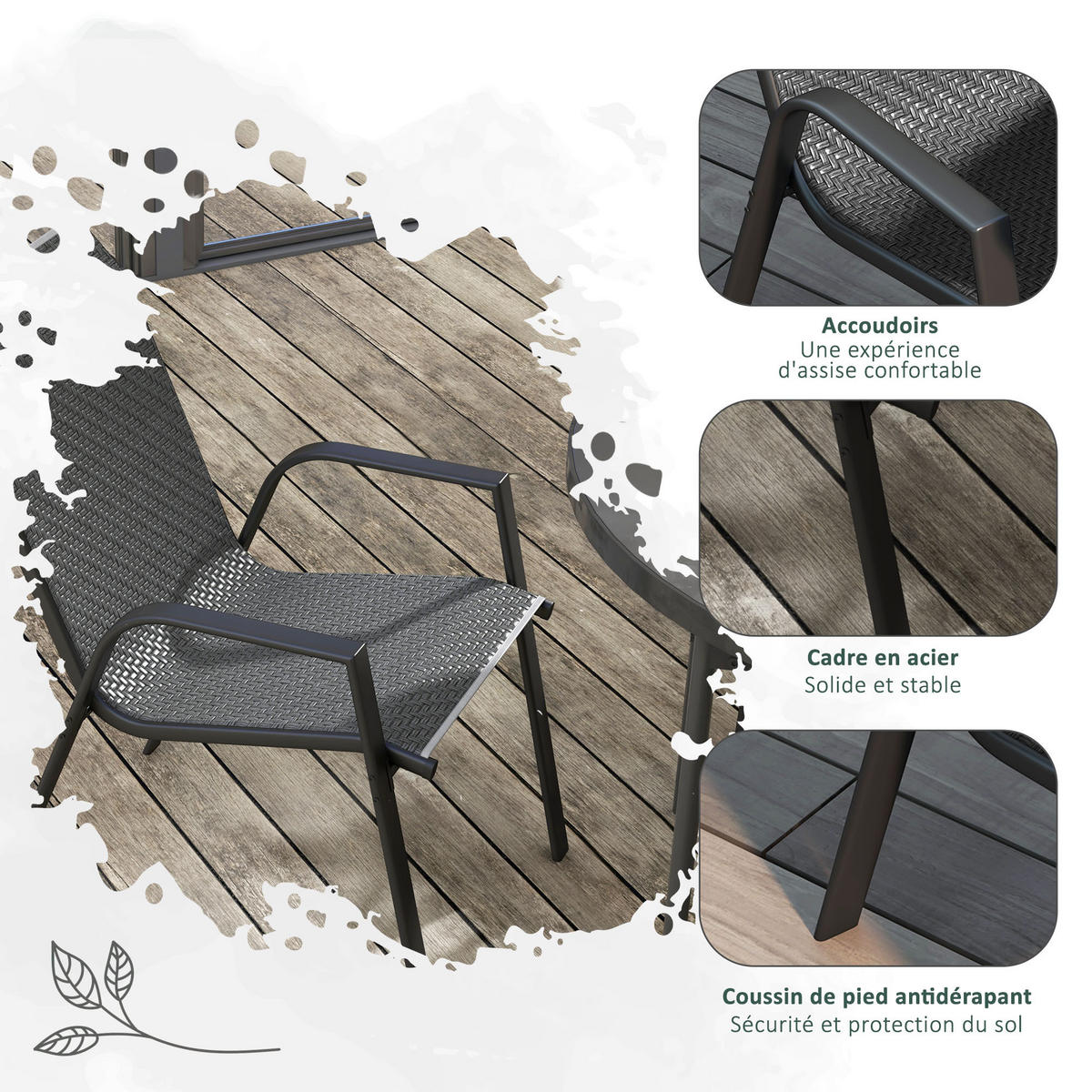 GARTENSTUHL DE-13587 4er-Set mit Armlehnen, stapelbar Natur - Grau, Metall (70/85/52cm) - ComfortXL