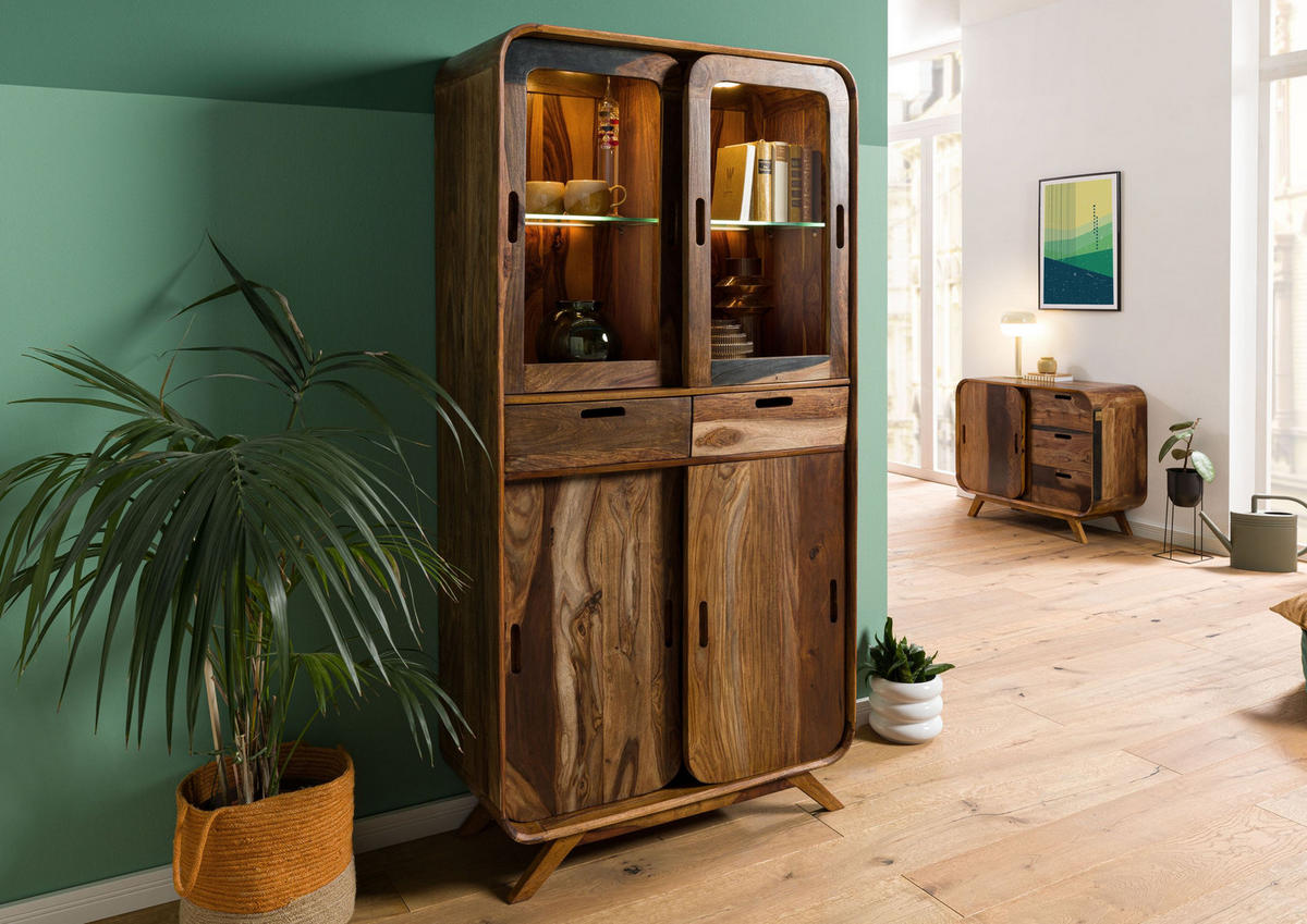 VITRINE Sheesham 90x40x180 dunkelbraun lackiert MAILAND #215 - Dunkelbraun, Holz (90/180/40cm) - Massivmoebel24
