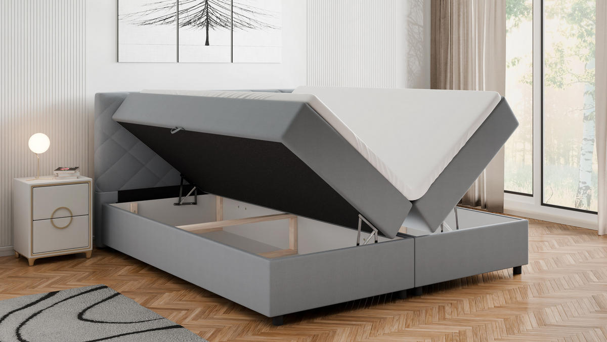 BOXBETT Diamaro 180x200 cm mit Bettkasten und Topper - Hellgrau - Hellgrau, Holz (180/200cm) - Panda Möbel