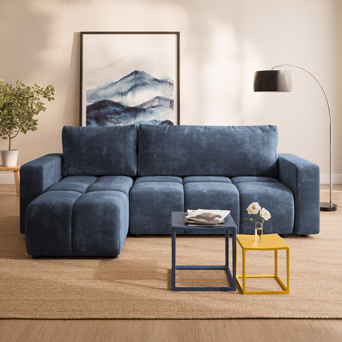 ECKSOFA RAMIL Blau Chenille mit Schlaffunktion - Blau, Holz (240/149cm) - MASSENO