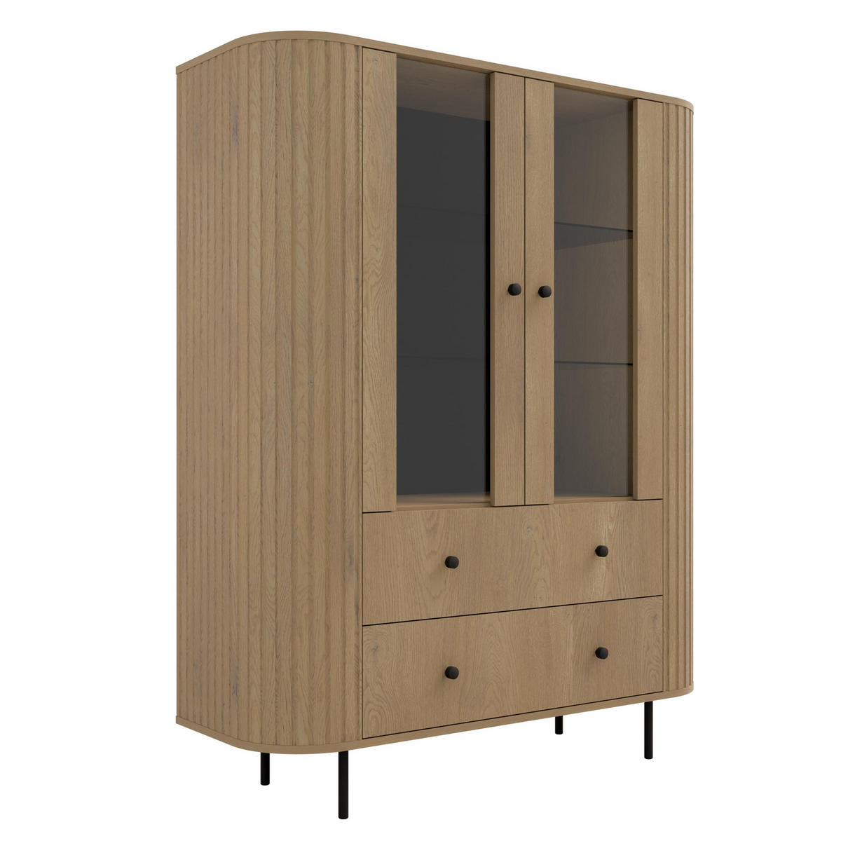 VITRINE Halay Eiche Cremona, 2 Türen & 2 Schubladen Moderne Rillenstruktur, mit runden Kanten - Eichefarben/Schwarz, Holzwerkstoff/Metall (123/155/42.3cm) - AX Living