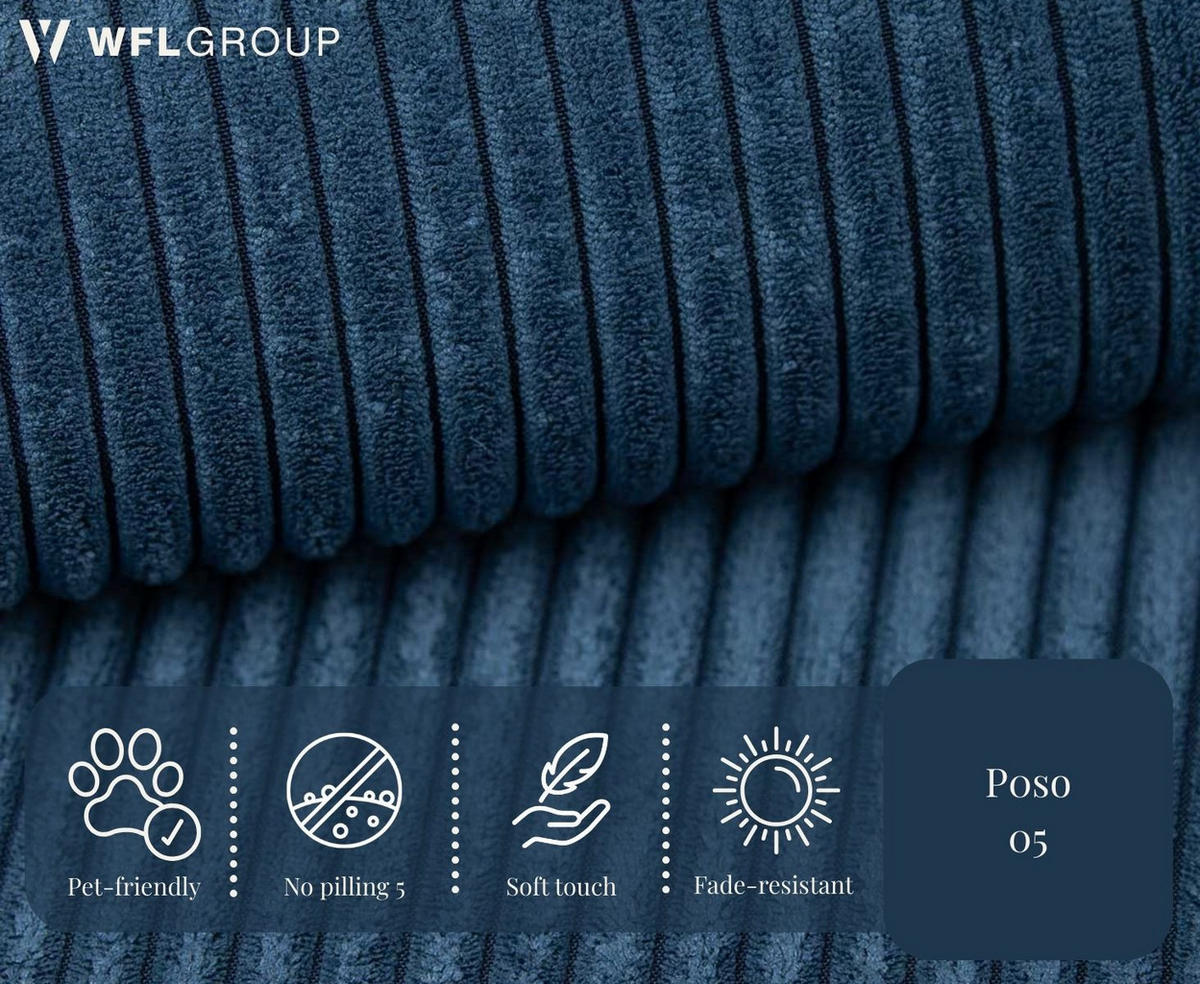 ECKSOFA Hana Loft 3-Sitzer Ecke Rechts, Cordstoff Chenille, Dunkelblau 241/80/168 cm - Blau/Schwarz, Textil/Metall (241/168cm) - WFL GROUP