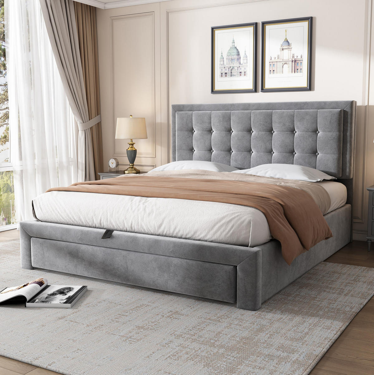 POLSTERBETT 140/200 cm mit verstellbarem Kopfteil, Bettkasten und Schubladen, Samt, Grau - Grau, Textil (140/200cm) - Redom