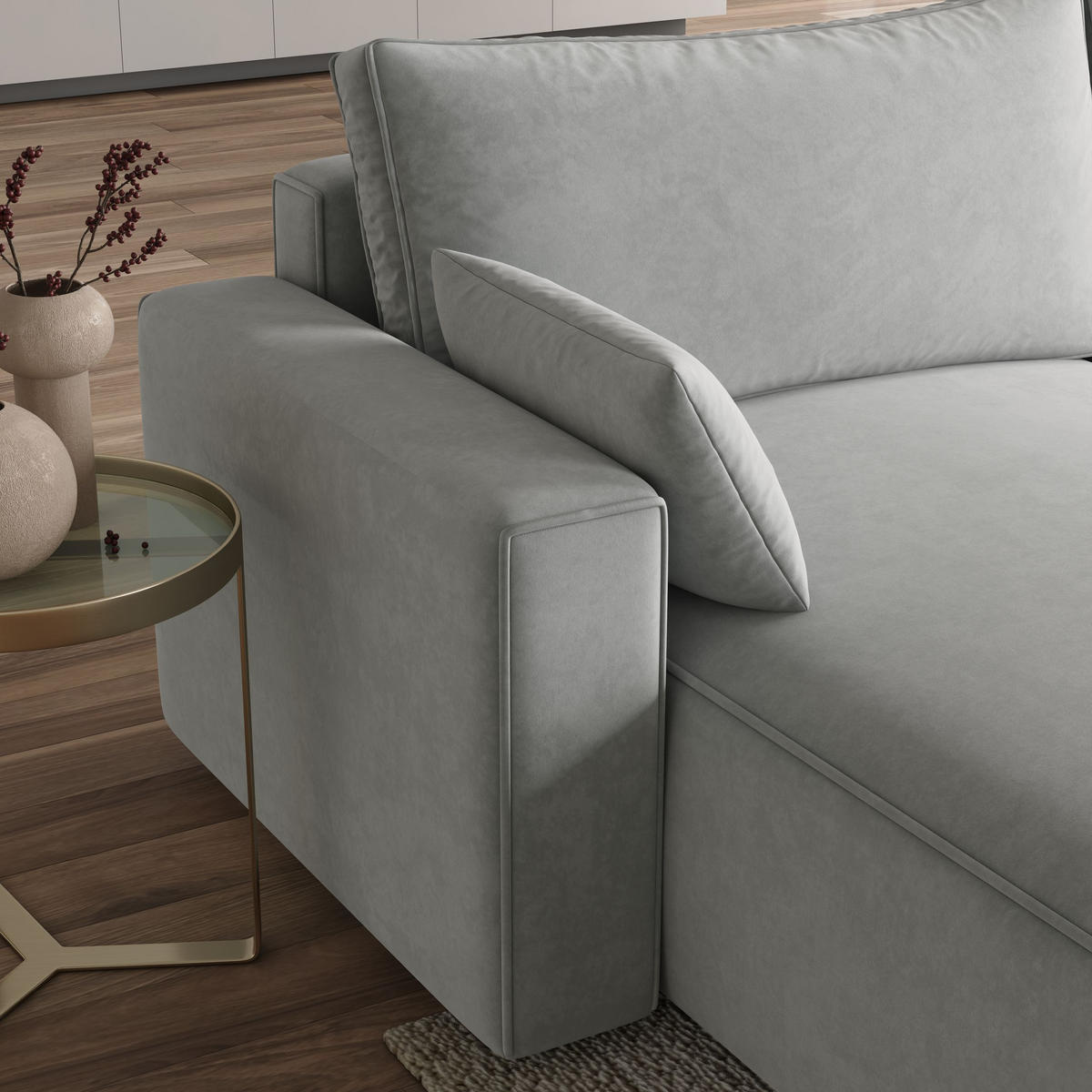 ECKSOFA FORIL Creme Velours-Stoff mit Schlaffunktion - Creme/Grau, Holz/Kunststoff (265/178cm) - MASSENO