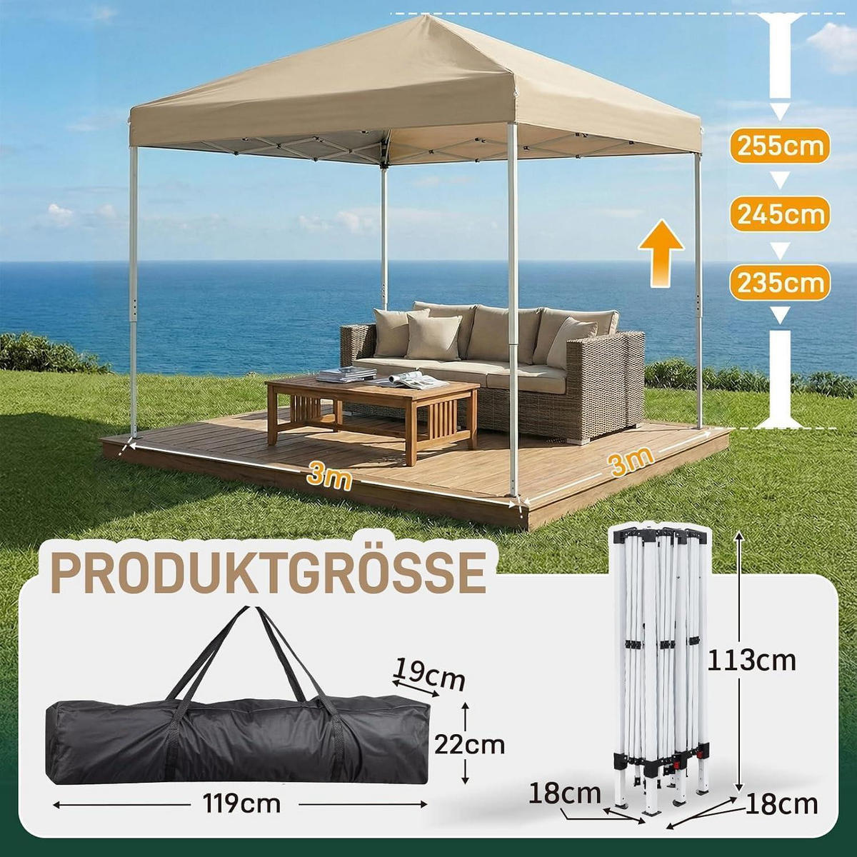 FALTPAVILLON 3x3 m mit Moskitonetzen Khaki - Olivgrün, Textil (300/245/300cm)