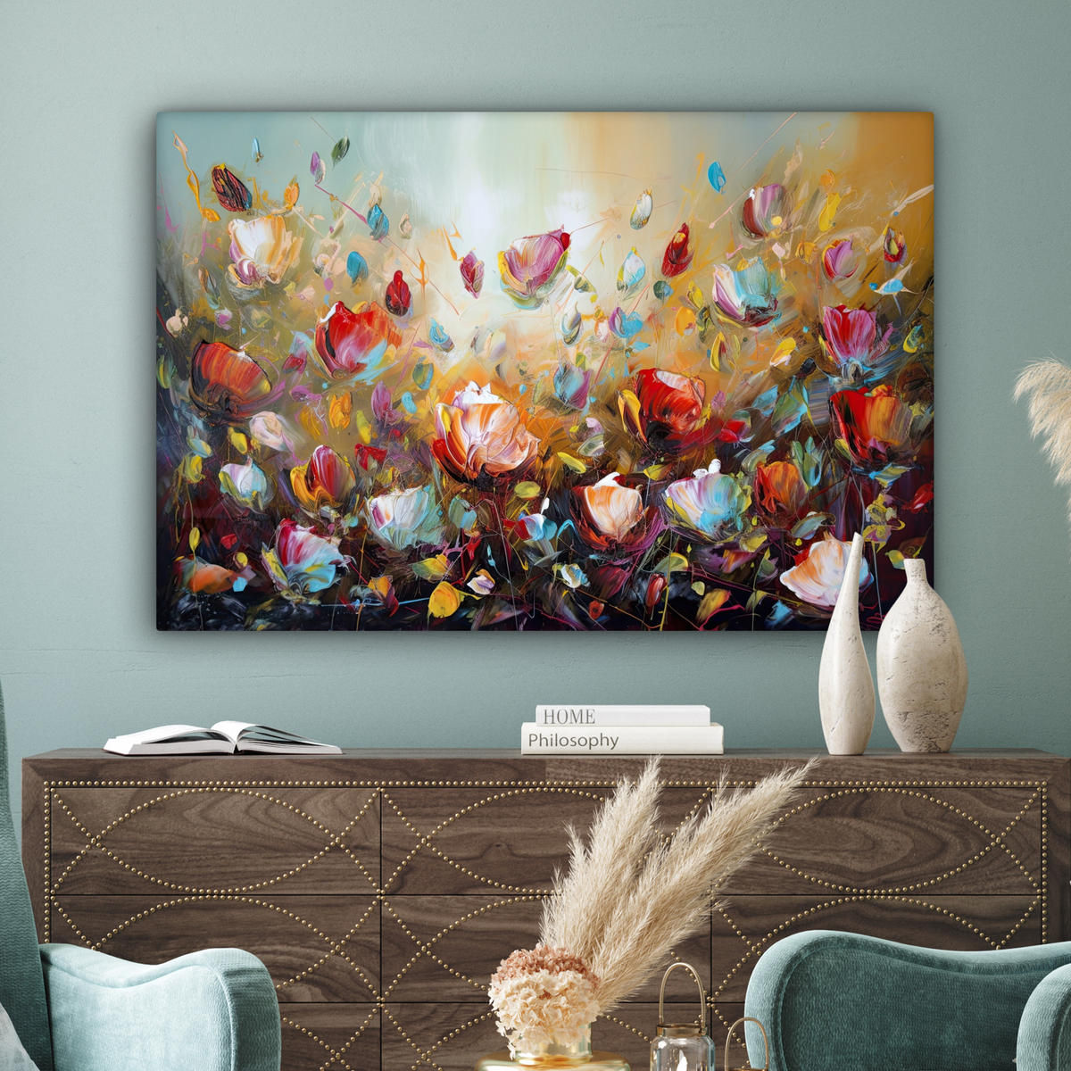 LEINWANDBILD Blumen - Kunst - Natur - Ölgemälde Wohnzimmer Groß 120x80 cm - Multicolor, Textil (120/80cm) - MuchoWow
