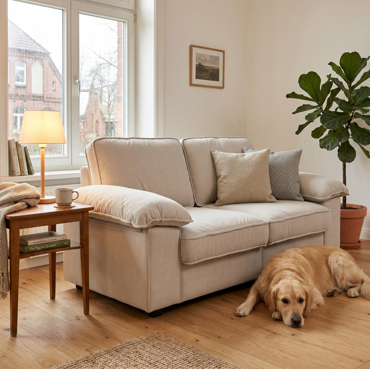 SOFA mit Stauraum Kurzplüsch Cream White - Weiß, Holzwerkstoff (201/89/91cm) - Meubliv