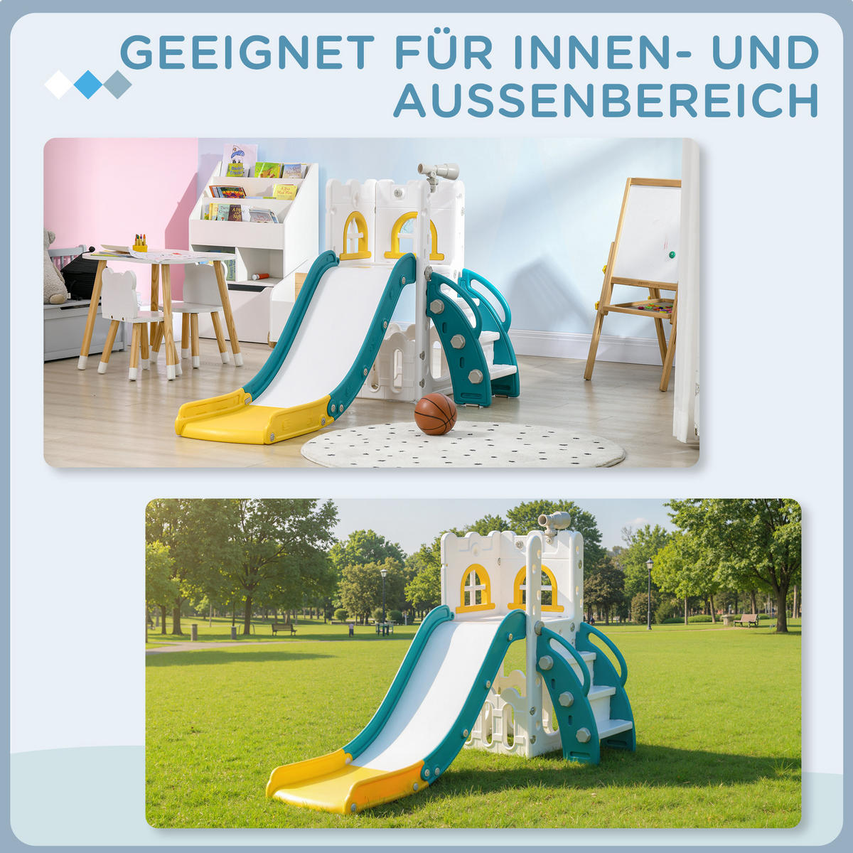 KINDERRUTSCHE 5 in 1 Kleinkinderrutsche mit Basketballkorb Teleskop Gelb - Gelb, Kunststoff (177/92/70cm) - AIYAPLAY