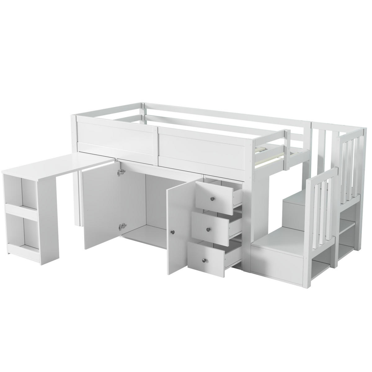 HOCHBETT mit ausziehbarem Schreibtisch und Stauraum 90x200 cm MDF Weiß - Weiß, Holzwerkstoff (90/200cm) - Beauniv