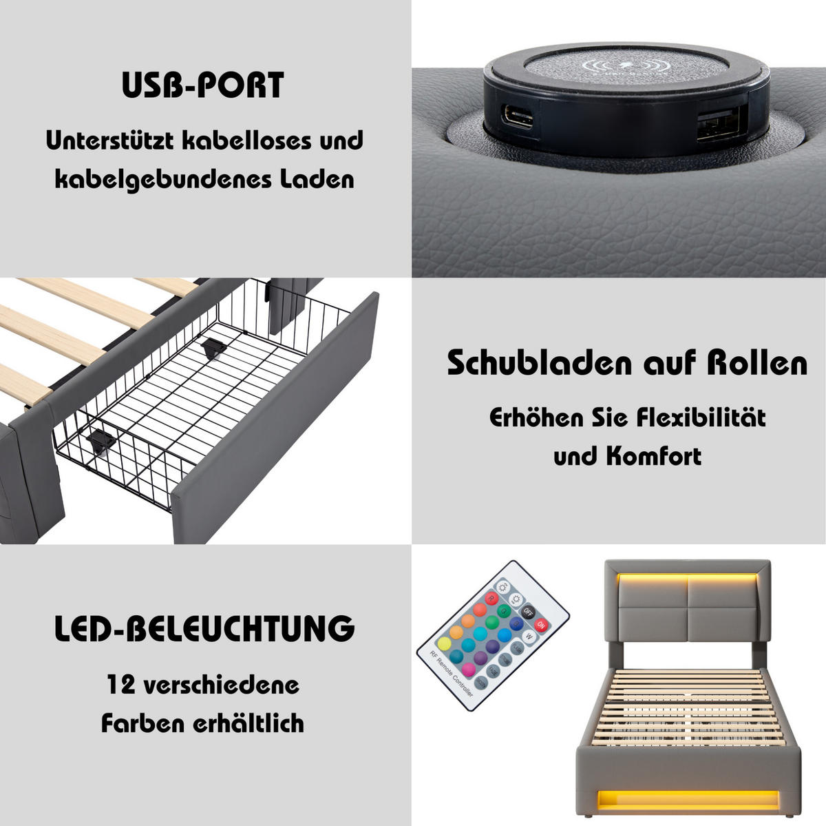 POLSTERBETT 90/190 cm Grau aus PU mit LED-Beleuchtung und 4 Schubladen - Grau, Kunststoff (90/200cm) - OKMYHOME