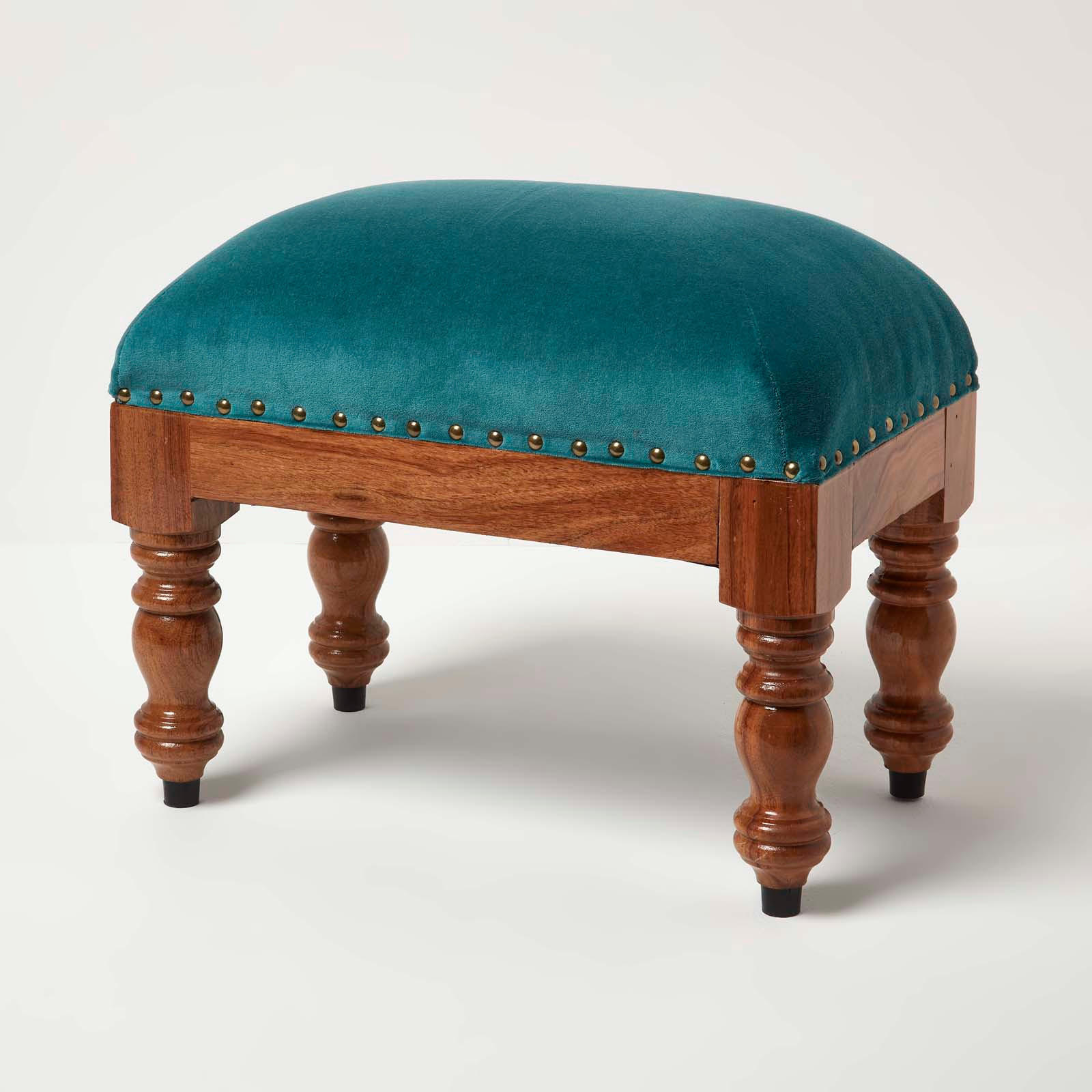 SAMT-HOCKER Mable, petrolgrün mit Holzbeinen, 50/30/40 cm - Grün, Textil (30/40/50cm) - Homescapes