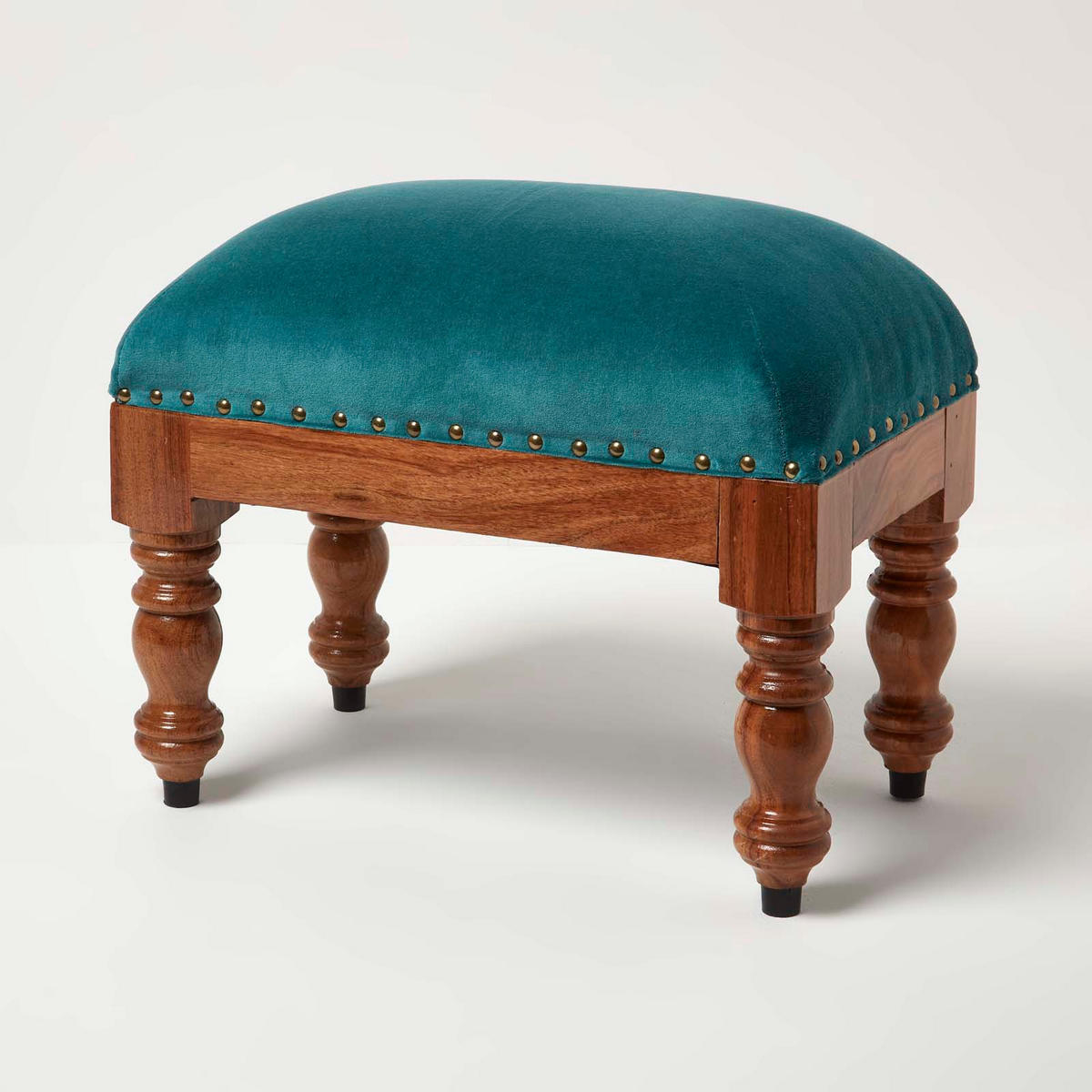 SAMT-HOCKER Mable, petrolgrün mit Holzbeinen, 50/30/40 cm - Grün, Textil (30/40/50cm) - Homescapes