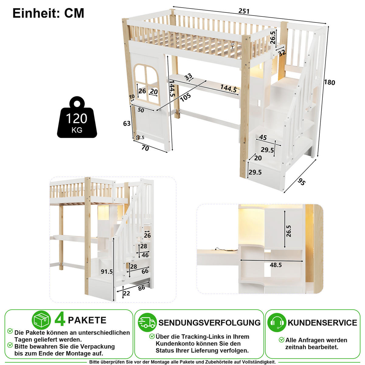 HOCHBETT 90/200 cm in Weiß & Natur mit LED, Schreibtisch und Ablageleiter - Weiß/Naturfarben, Holz/Holzwerkstoff (90/200cm) - CHICFURN