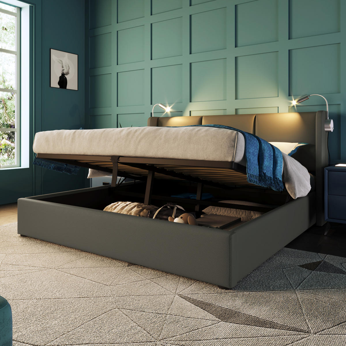 ČALÚNENÁ posteľ z PU 160x200 cm sivá s čítacím svetlom, USB nabíjaním a úložným priestorom - sivá, plast (160/200cm) - Modfu
