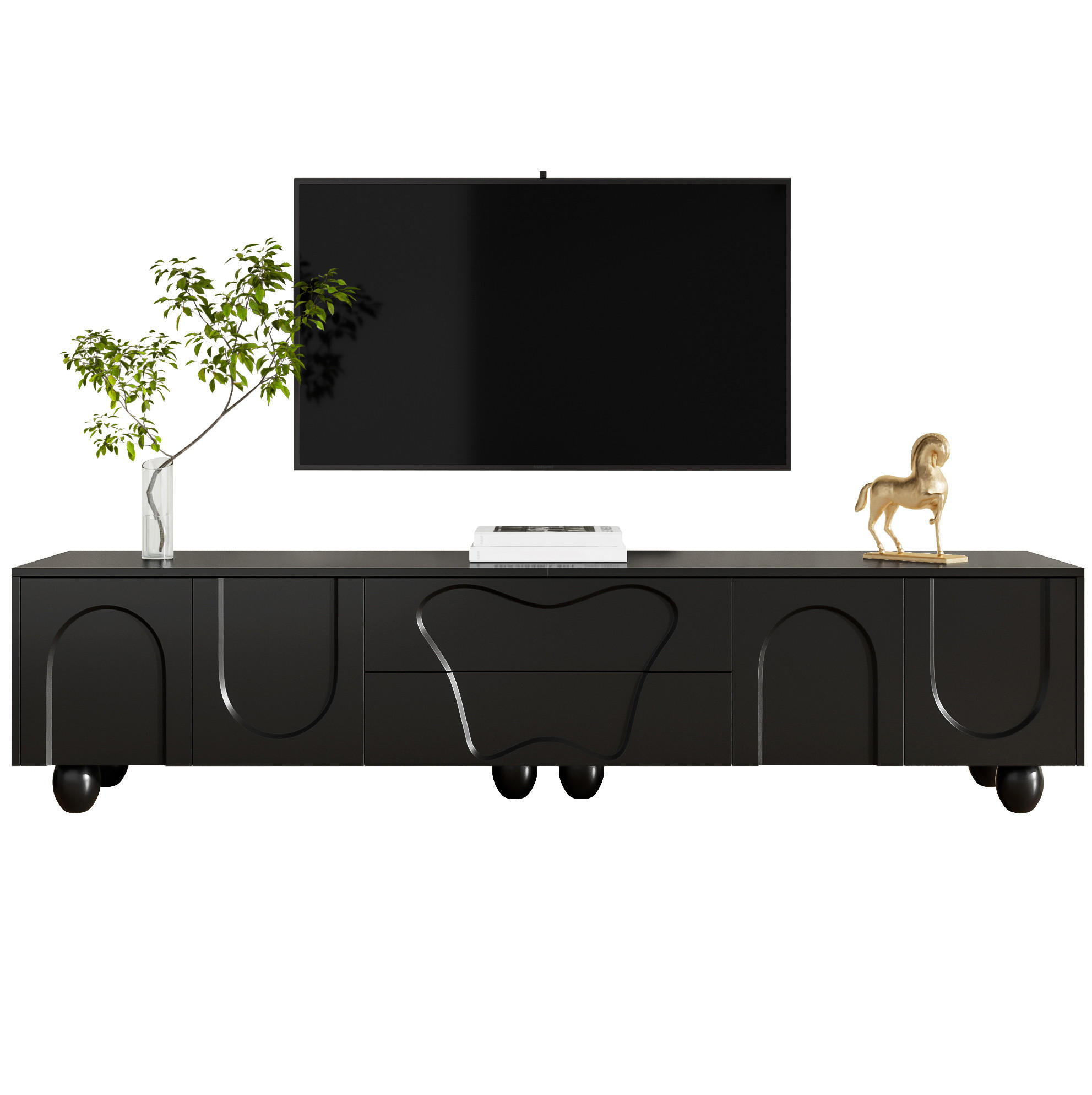 TV-ELEMENT mit Stauraum 180 cm Schwarz mit Holzbeinen - Schwarz, Holzwerkstoff (40/42/180cm) - Beauniv