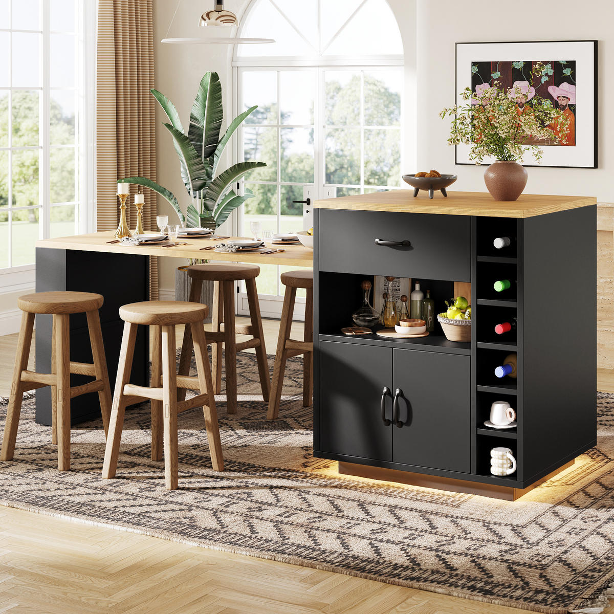 KÜCHENINSEL mit LED-Lichtleiste, Ausziehtisch, 2 Schubladen 141*70*95,5 - Schwarz, Holz/Holzwerkstoff (70/95.5/193.5cm)