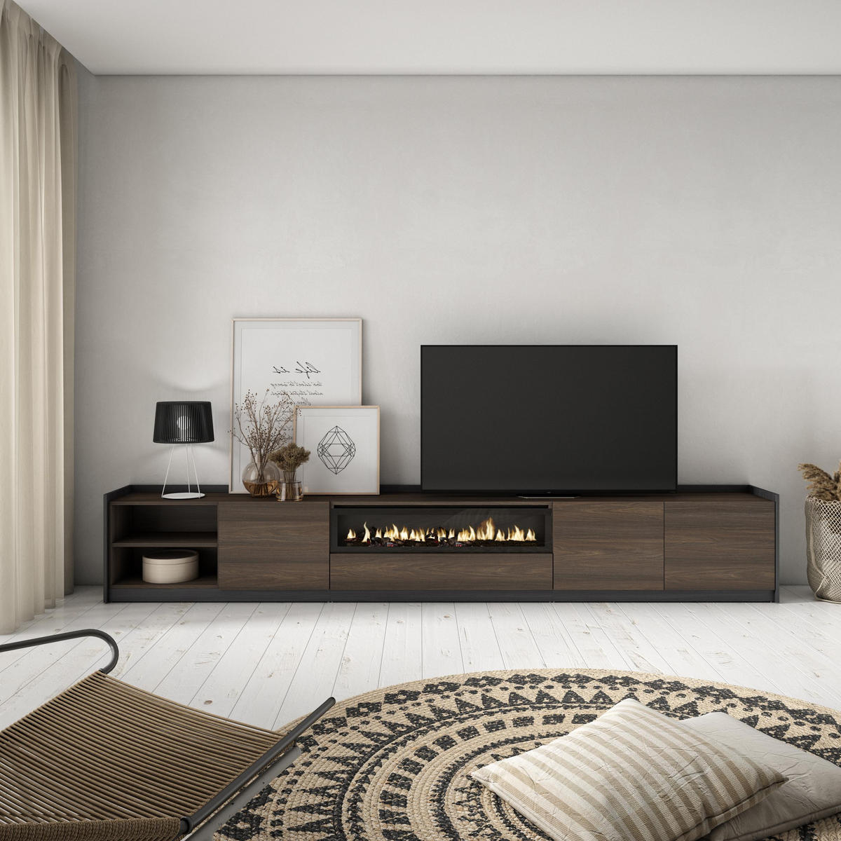 TV-SCHRANK, Dunkler Eiche und Schwarz, Elektrokamin, 310/37/50cm - Dunkelbraun, Holzwerkstoff (310/50/37cm) - Skraut Home