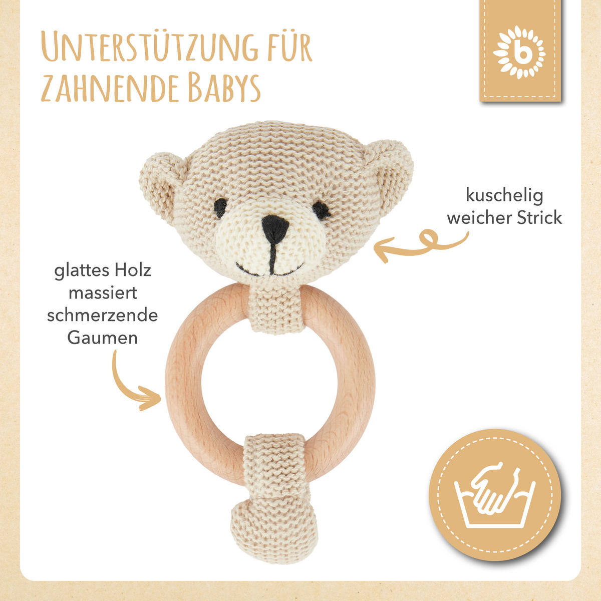 GREIFLING Holz Natur Gehäkelt Rassel Bär - Beige, Textil (8/14cm) - Bieco Spielwaren