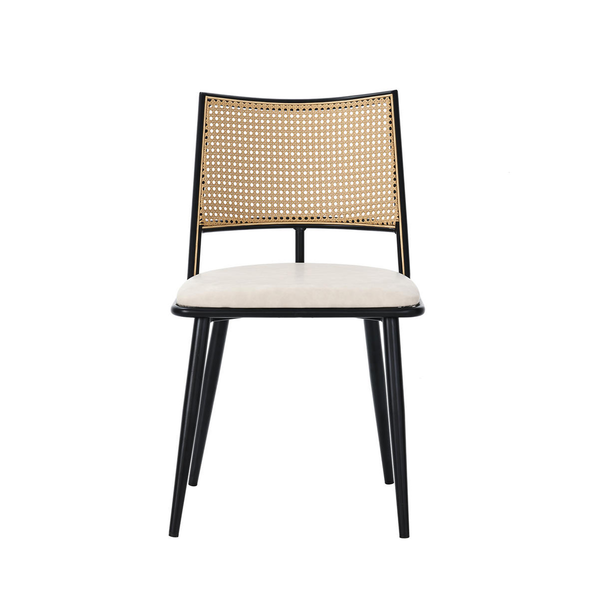 VIERFUSSSTUHL 2er-Set Esszimmerstühle, RATTAN RÜCKENLEHNE, PU-Sitz, Metallgestell, Schwarz, für Esszimmer und Wohnzimmer - Schwarz, Textil (48/47/80cm) - Rolipo