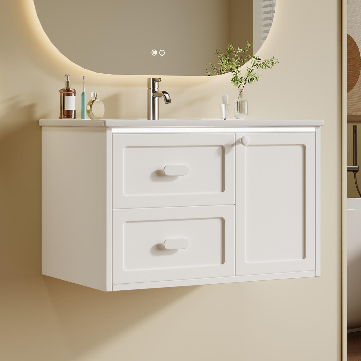 BADEZIMMER-HÄNGESCHRANK 76×46×51 cm, weiß, lackiert, mit LED-Radarsensor-Beleuchtung, 2 Schubladen, leisen Gleitschienen und integriertem Waschbecken - Weiß, Holzwerkstoff (46/51/76cm) - Ej. Life