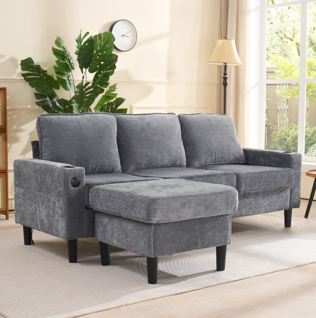 ECKSOFA L-Form Leinen mit USB-Anschluss und Typ-C Getränkehalter 202/137/80 cm Grau - Grau, Textil (137/202cm) - Redom