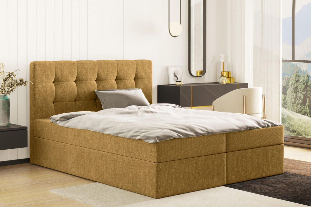 BOXBETT Mit Matratze Und Bettkasten, LUDANO Stoff Sydney Gelb 120x200 cm H2-Pocket - Gelb, Holz (120/200cm) - Kaiser Möbel
