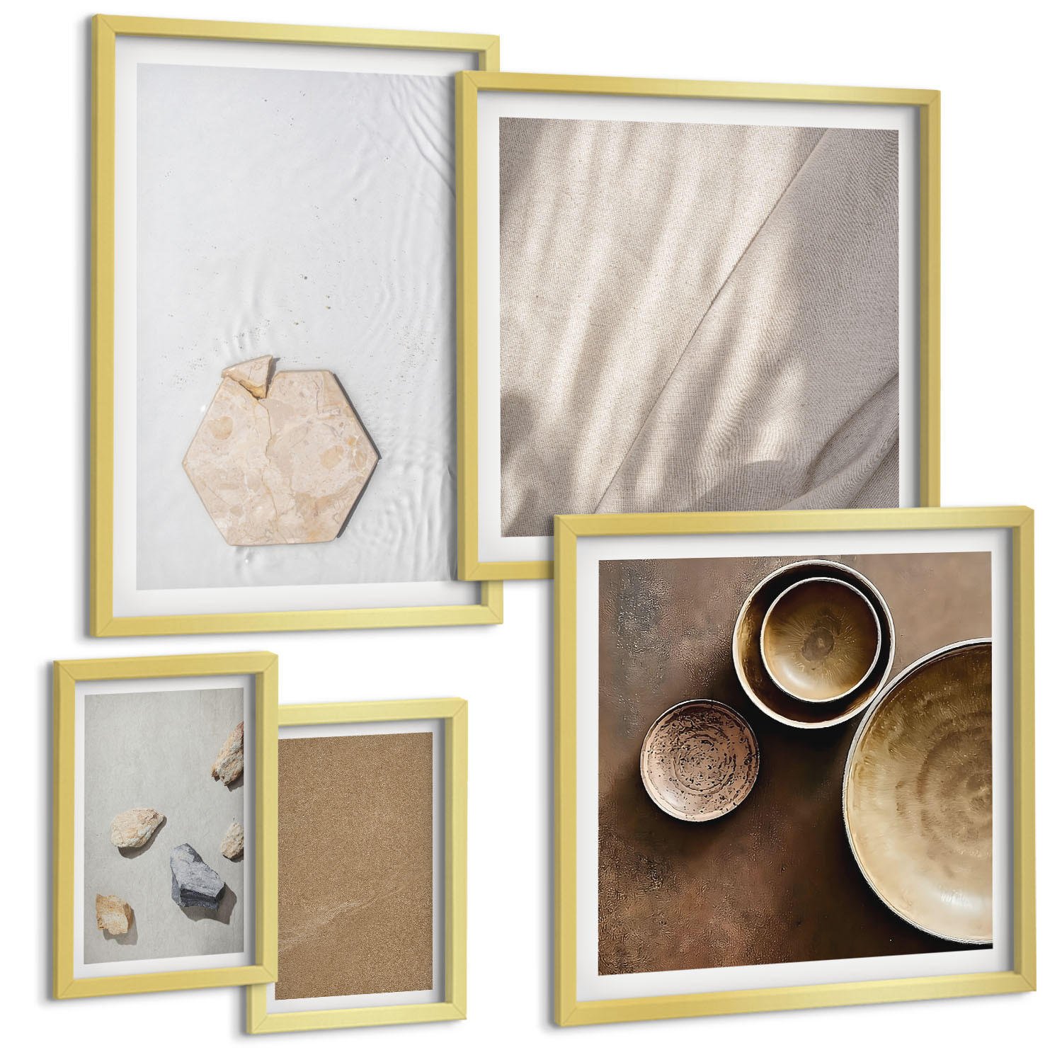 BILDER SET 5er Set - 50x50 cm & 20x30 cm & 40x60 cm Goldrahmen - Minimalistische warme Texturen - Goldfarben, Kunststoff (40/60cm) - TULUP