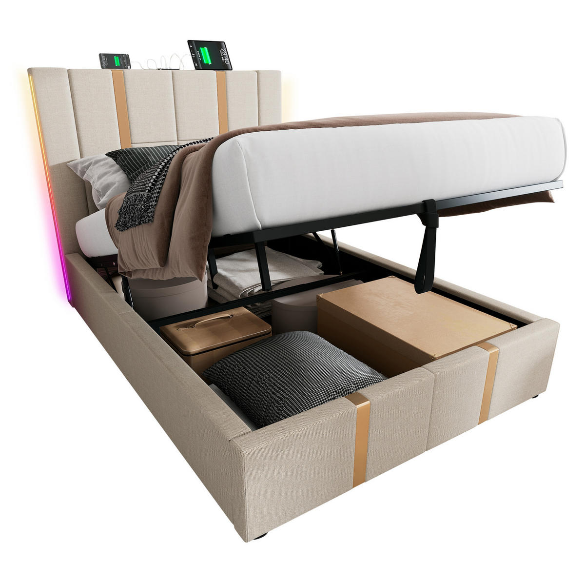 POLSTERBETT 90/200 cm Beige mit Stauraum, LED-Beleuchtung und USB-/Type-C-Anschlüssen - Beige, Textil (90/200cm) - Flora Grace
