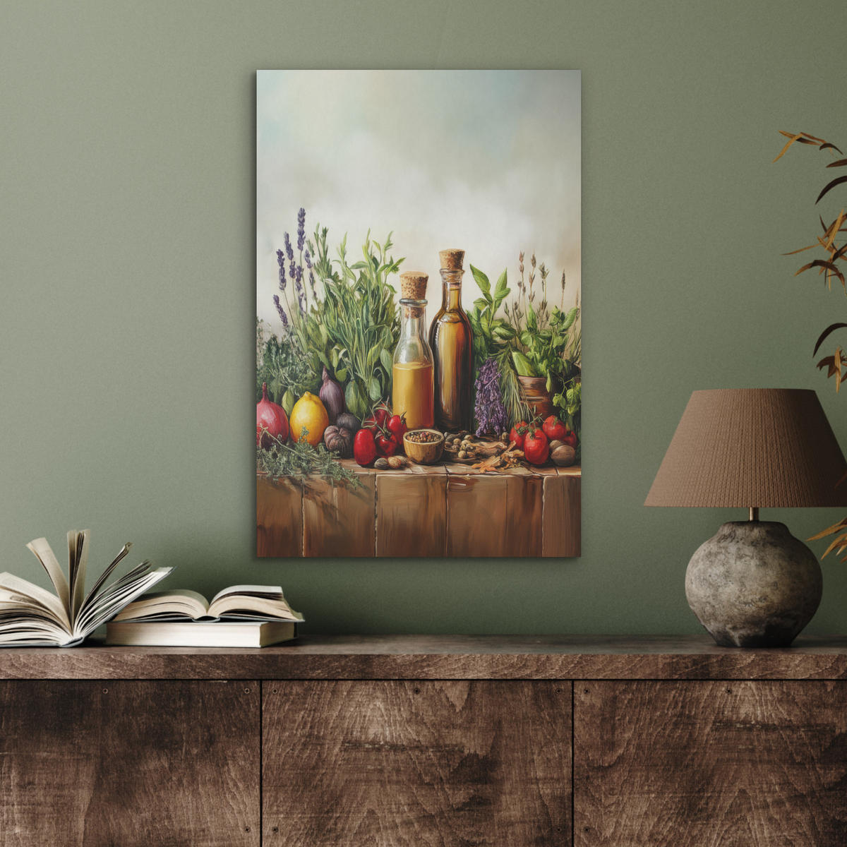 AKUSTIKBILD Stilleben - Kräuter - Gewürze - Früchte - Farbenfroh Kunstdruck Schlafzimmer 50x70 cm - Grün, Kunststoff (50/70/0.9cm) - MuchoWow
