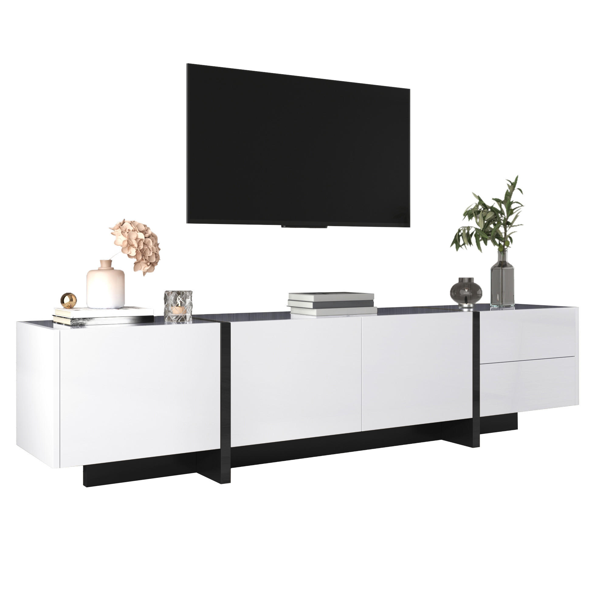 Modfu TV stolek z dřevotřísky 190x45x35 cm bílá a černá se 3 dvířky, 2 zásuvkami a vysokým leskem