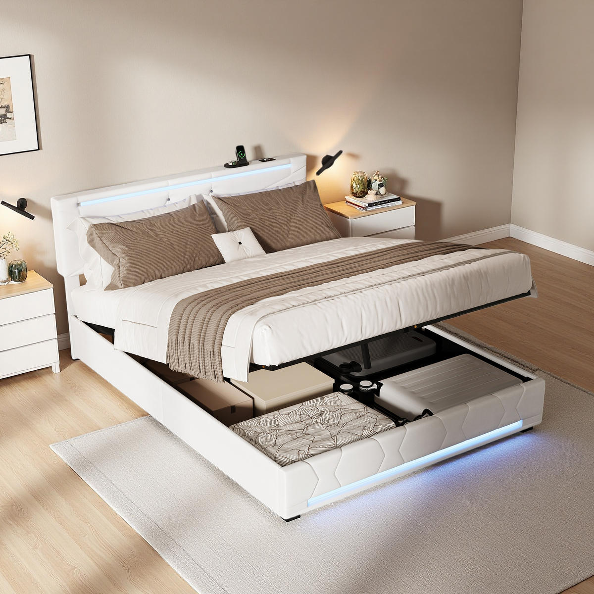 KLÄDD säng 160x200 cm beige linne LED USB sänglåda - Beige, Trä (160/200cm) - SHOPENTRA