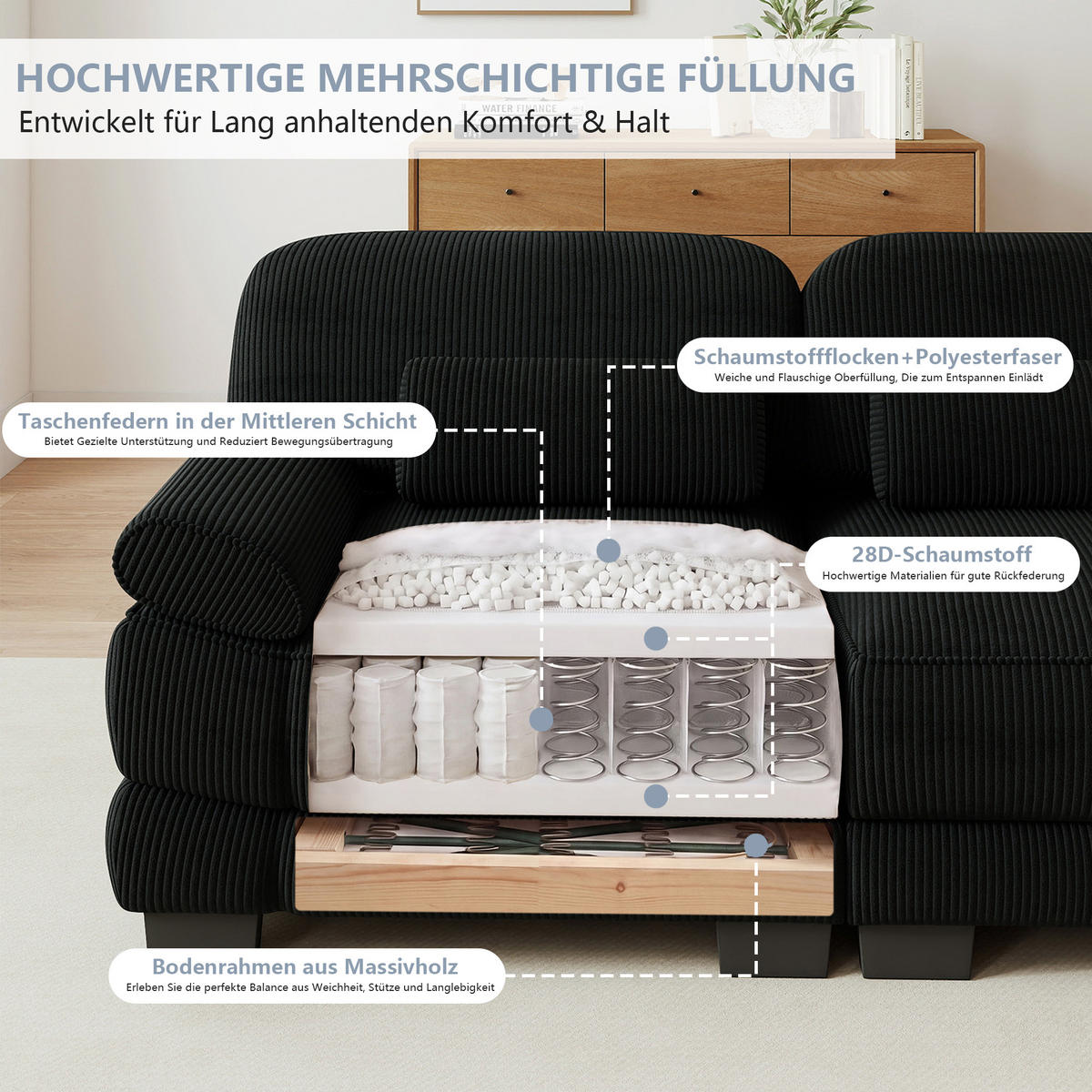 ECKSOFA 3-Sitzer L-Form mit Hocker, DE-42659, Schwarz - Schwarz, Holz (265/161cm) - ComfortXL