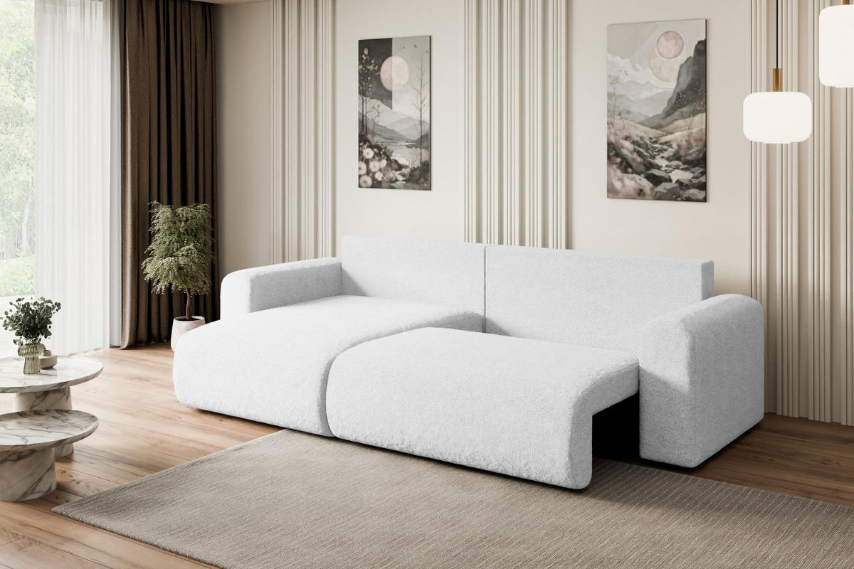 ECKSOFA mit Schlaffunktion und Bettkasten ORRO-L - 272x145x83 cm Weiß Bouclé - Schwarz/Weiß, Holzwerkstoff/Kunststoff (272/145cm) - ALTDECOR