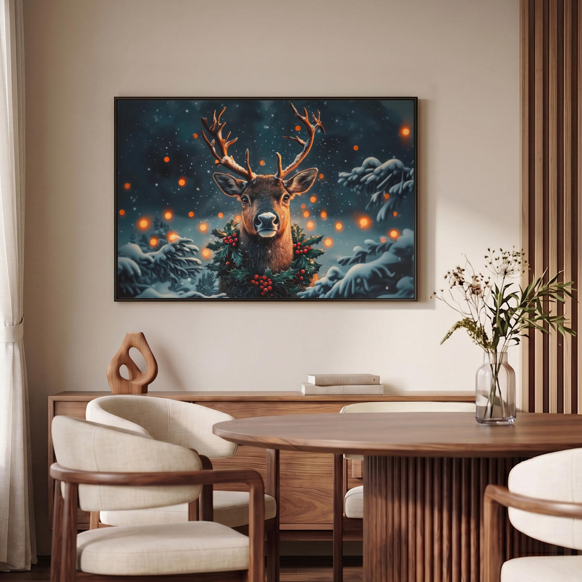 LEINWAND Bilder mit Rahmen - Hirsch - Weihnachten - Winter - Schnee - Weihnachtskranz - 90x60 - Dunkelbraun, Textil (90/60cm) - MuchoWow