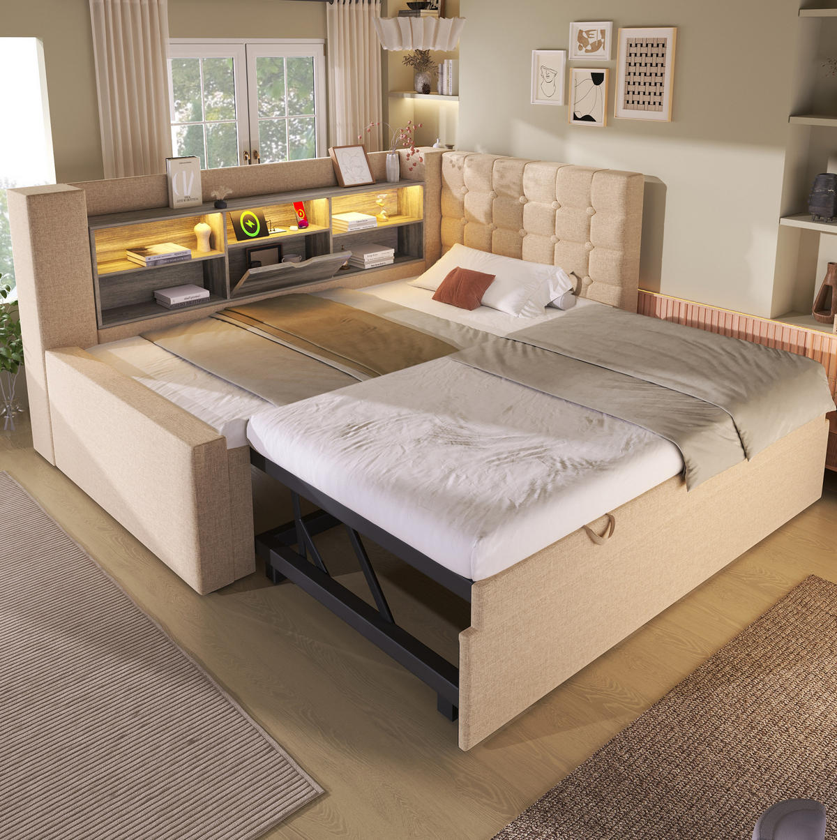 BETT mit Ausziehbett und Stauraum 90x200 cm Leinen Beige - Beige, Metall (90/200cm) - Meubliv